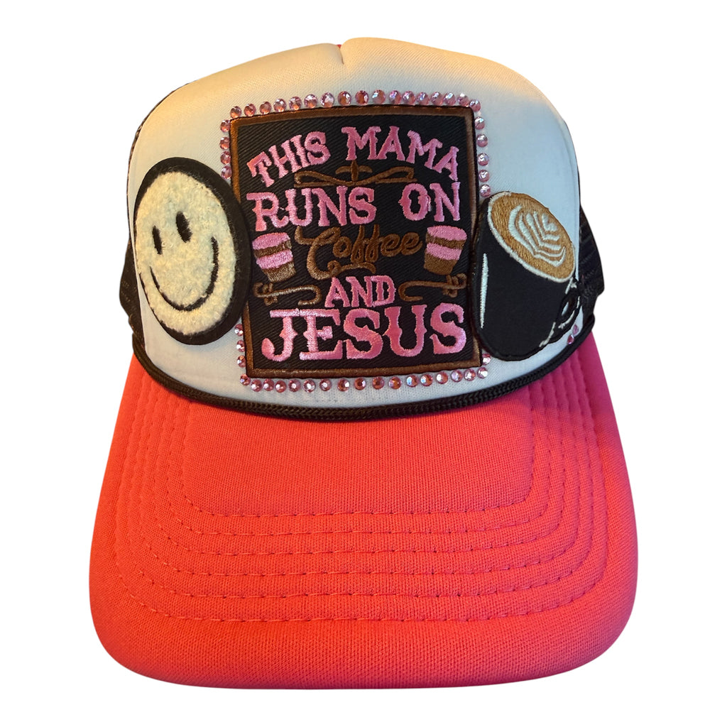 Coffee and Jesus pink trucker w stars on mesh