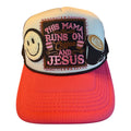 Coffee and Jesus pink trucker w stars on mesh