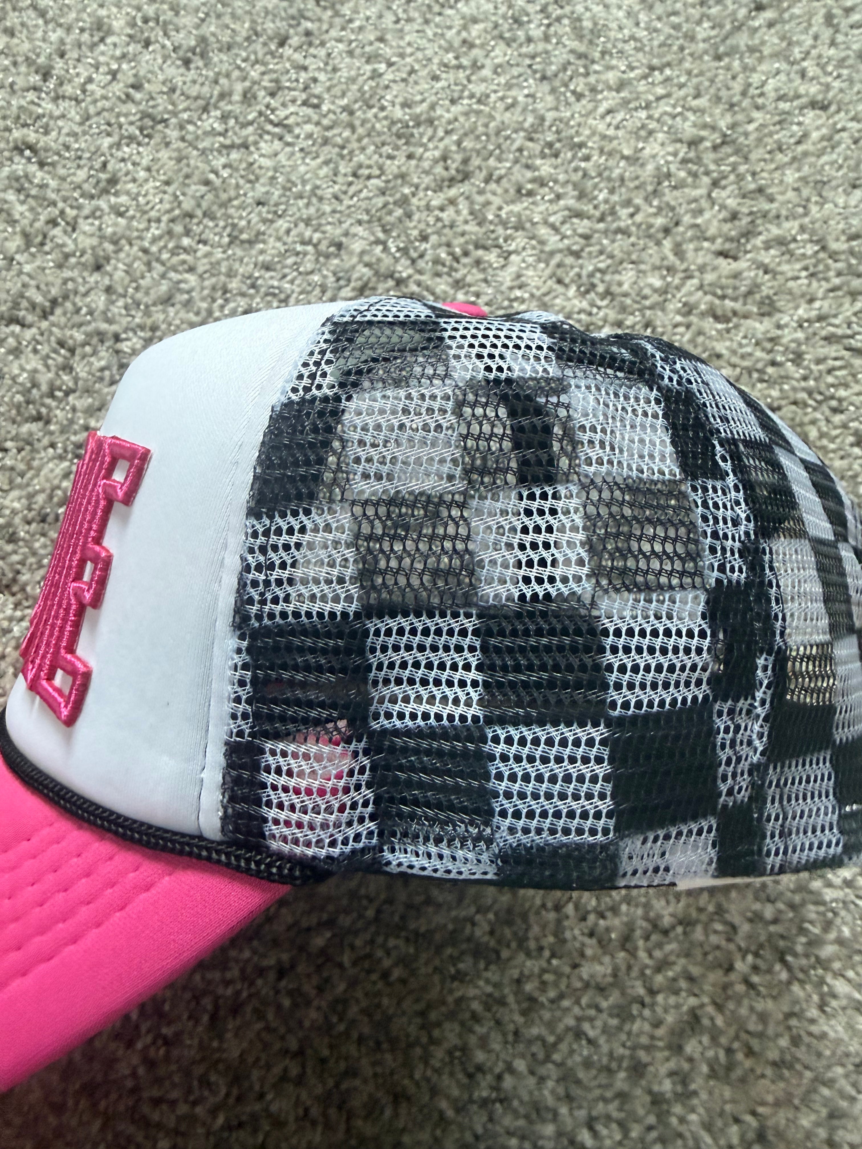 Hot pink CADDIE checkered trucker