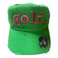 golf. Green distressed dad hat with hot pink patch