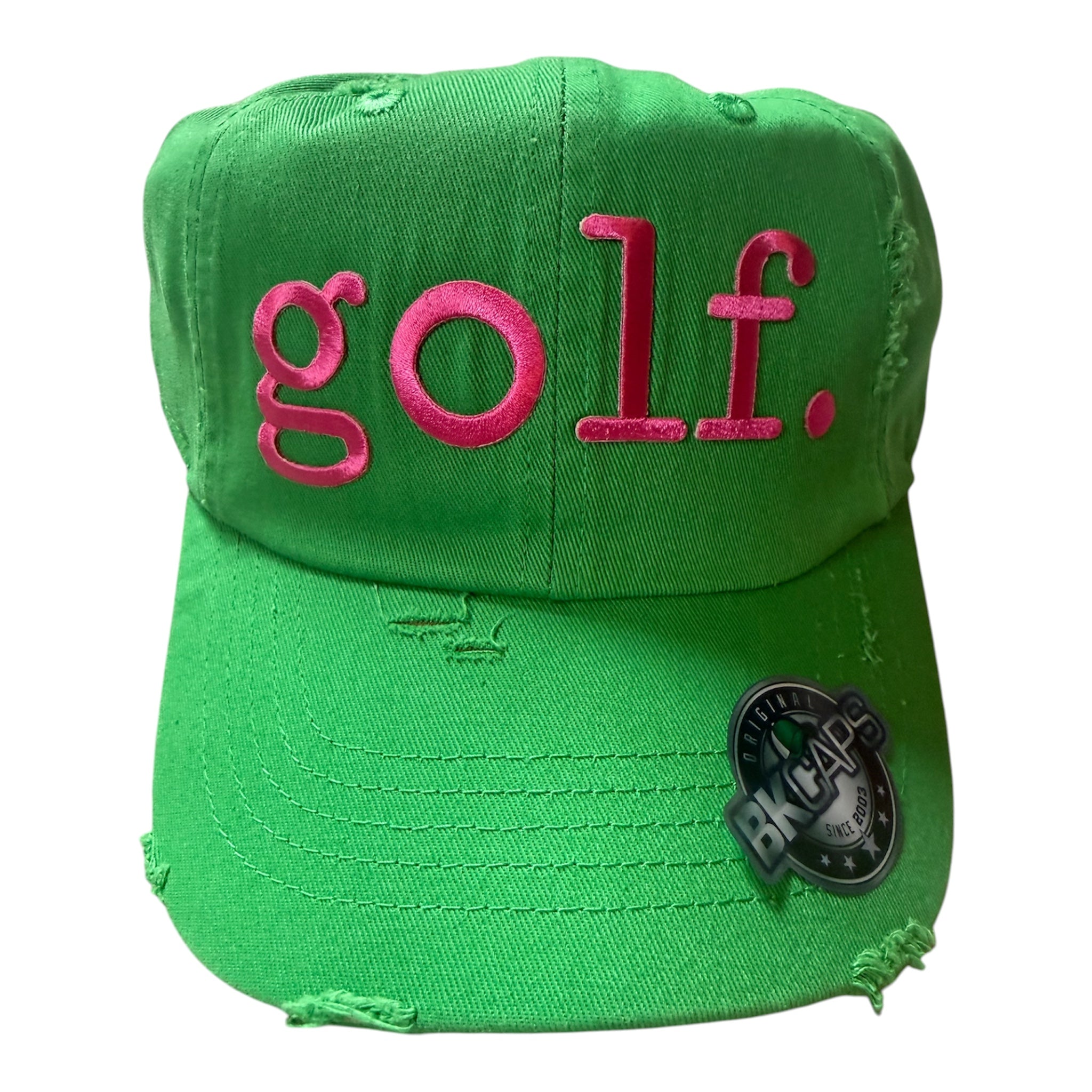 golf. Green distressed dad hat with hot pink patch