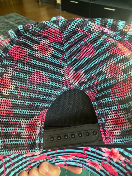 All she does is BEACH flamingo printed trucker