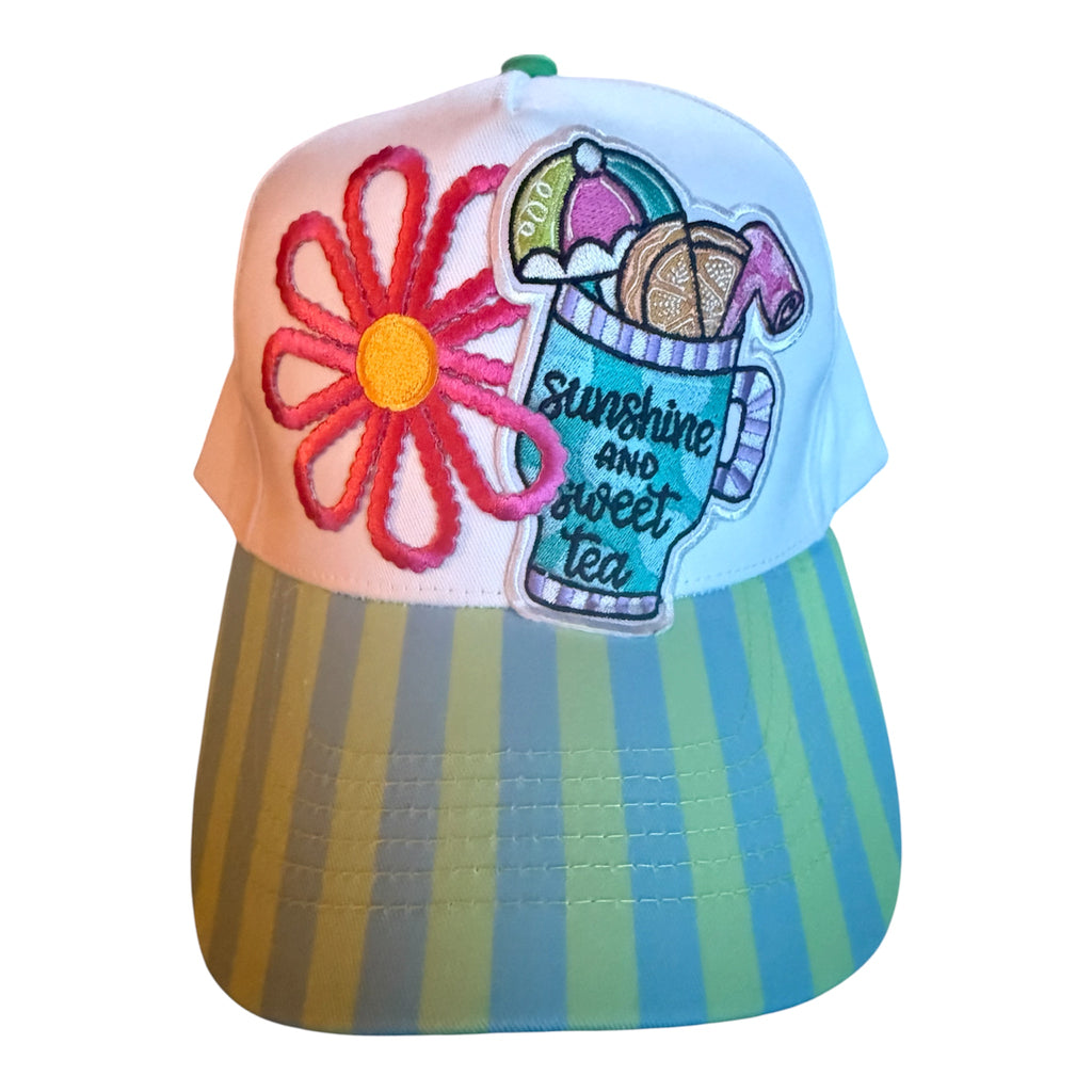 Sunshine and sweat tea canvas trucker hat with striped bill