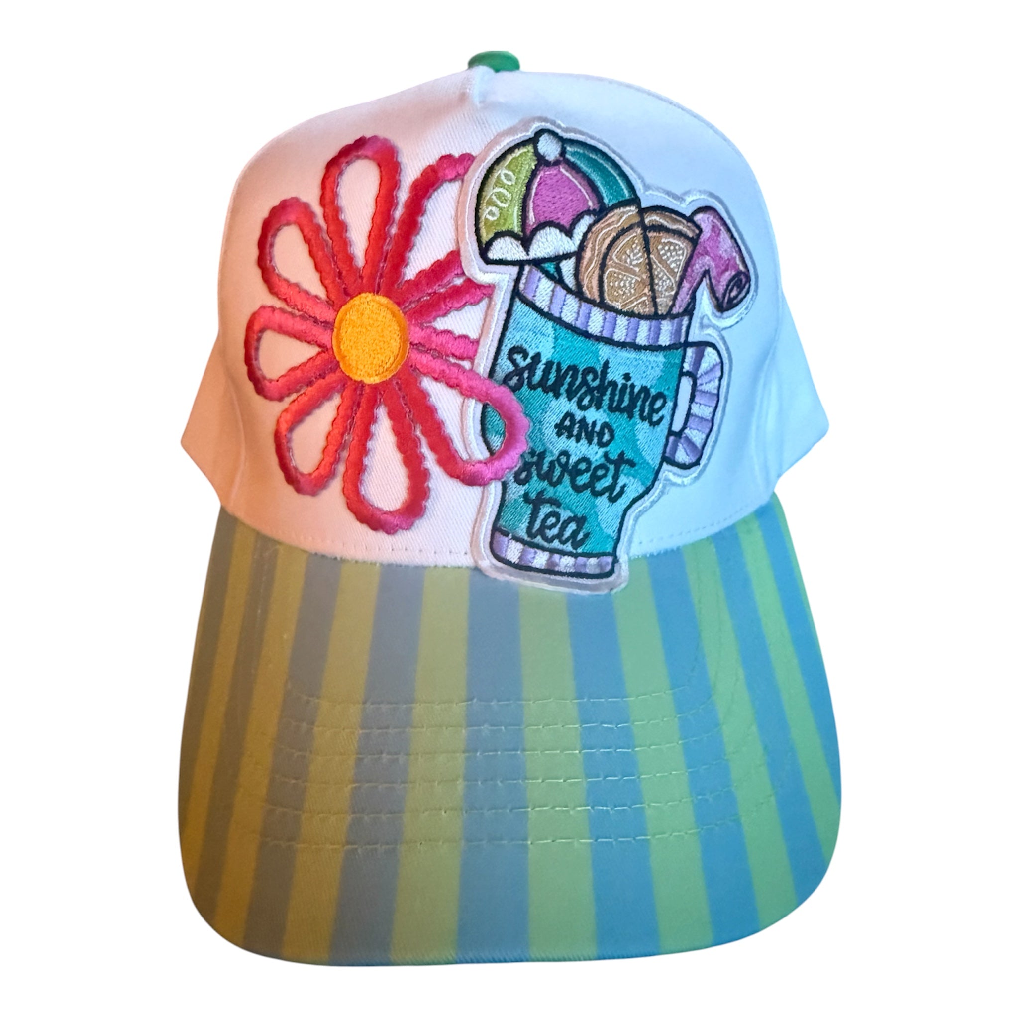 Sunshine and sweat tea canvas trucker hat with striped bill