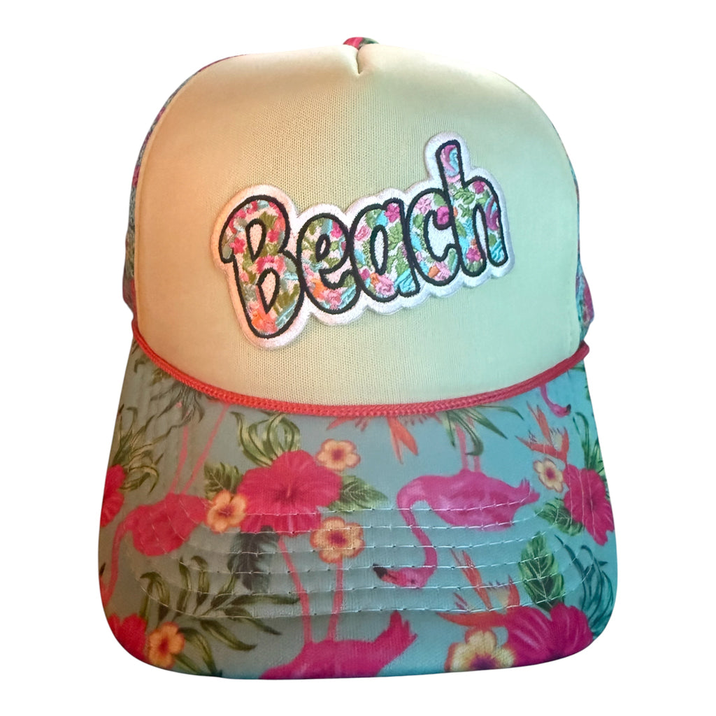 Beach flamingo trucker with printed brim and mesh