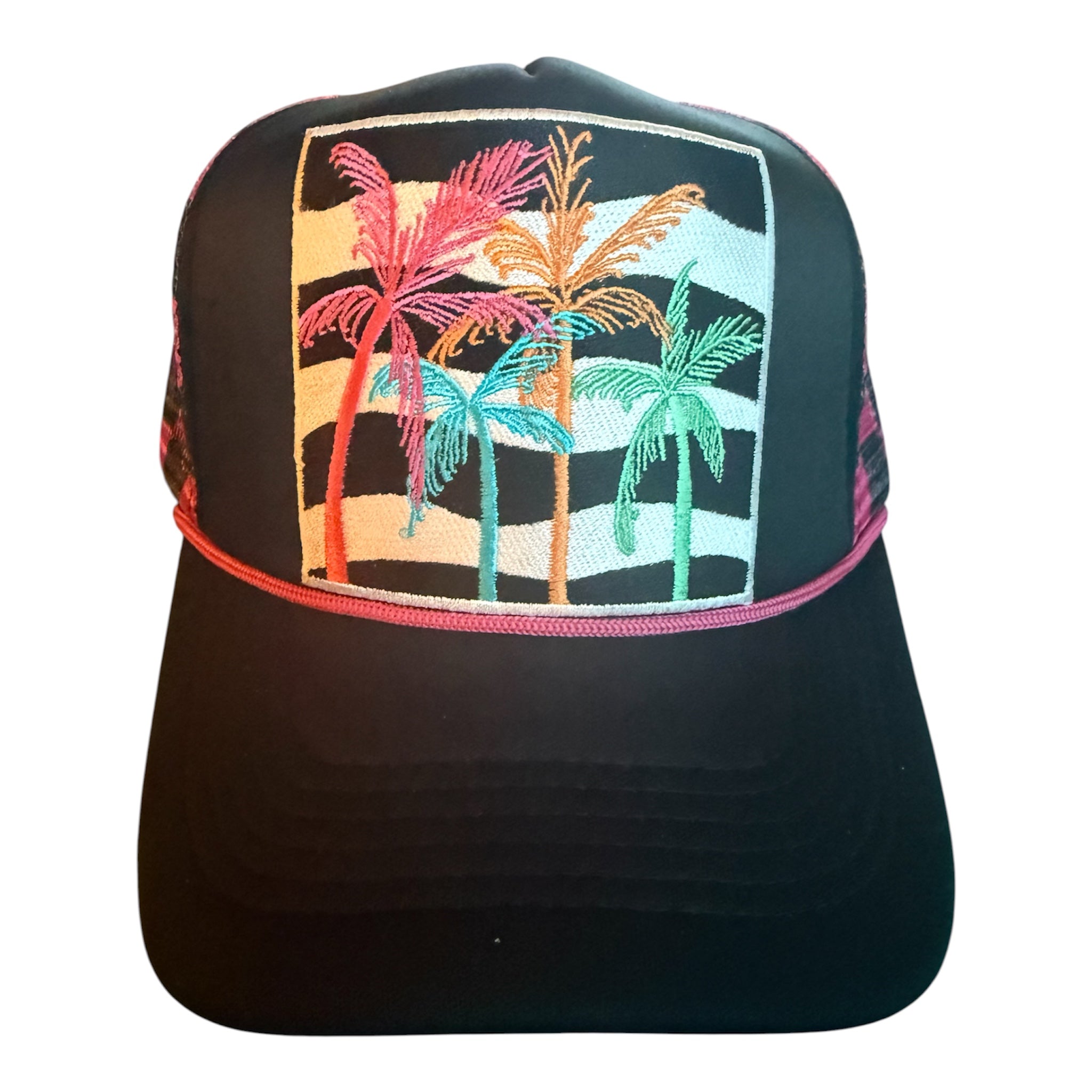 Colorful palm trees with a pink and black checkered mesh