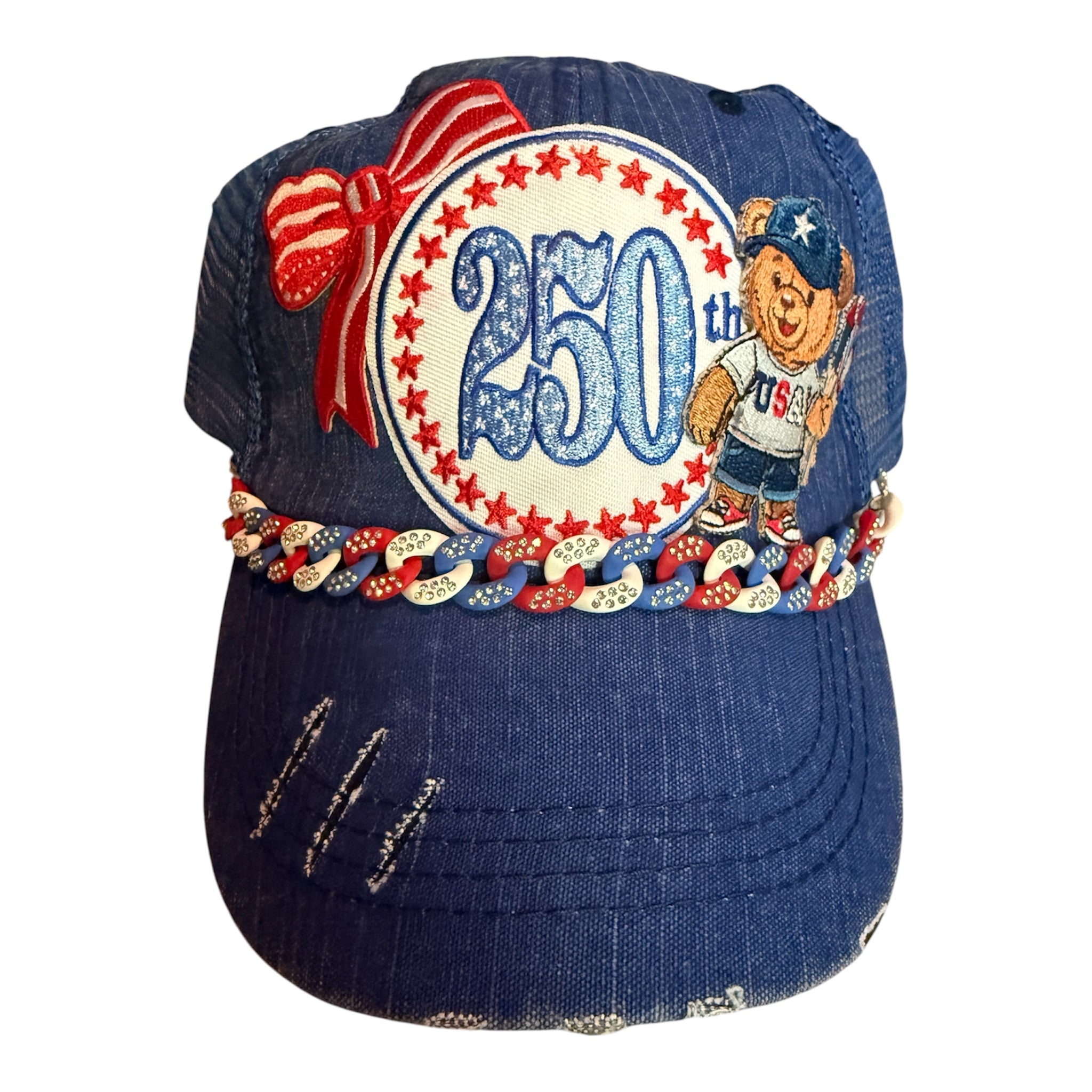 July 4th - 250 year patch with tricolor rhinestone chain