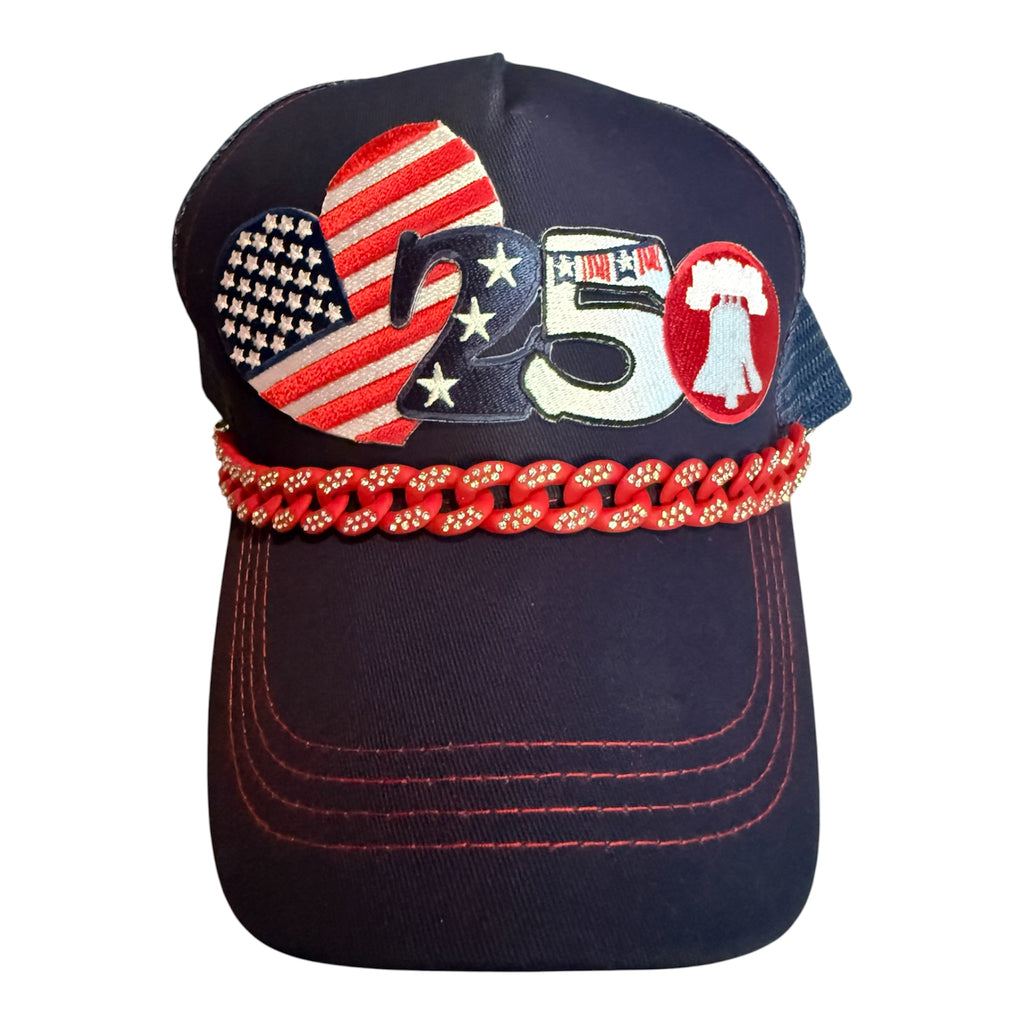 Fourth of July 250 baseball trucker hat with rhinestone chain