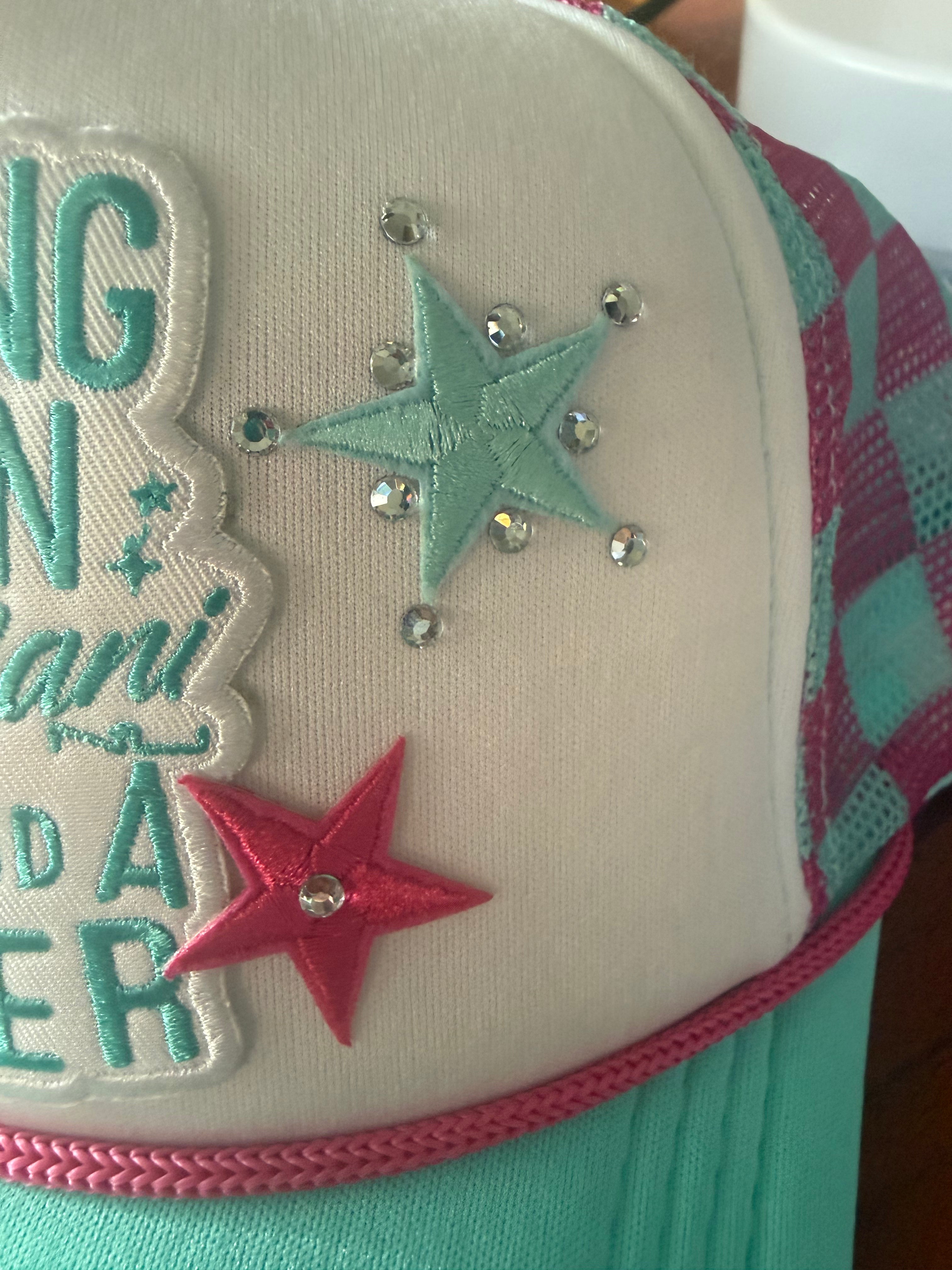 Running on Alani and a prayer checkered trucker hat