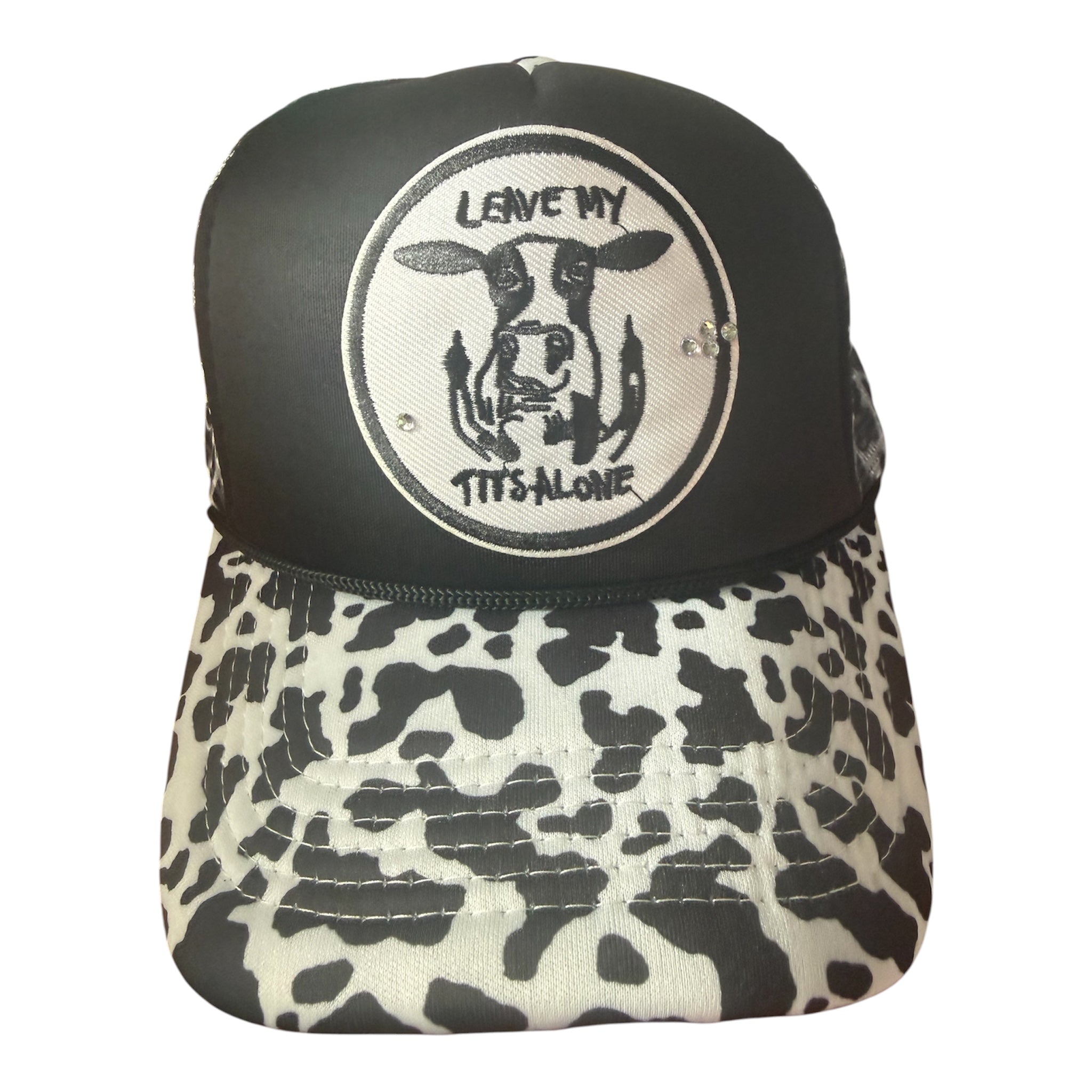 Cow print trucker hat w fun patch