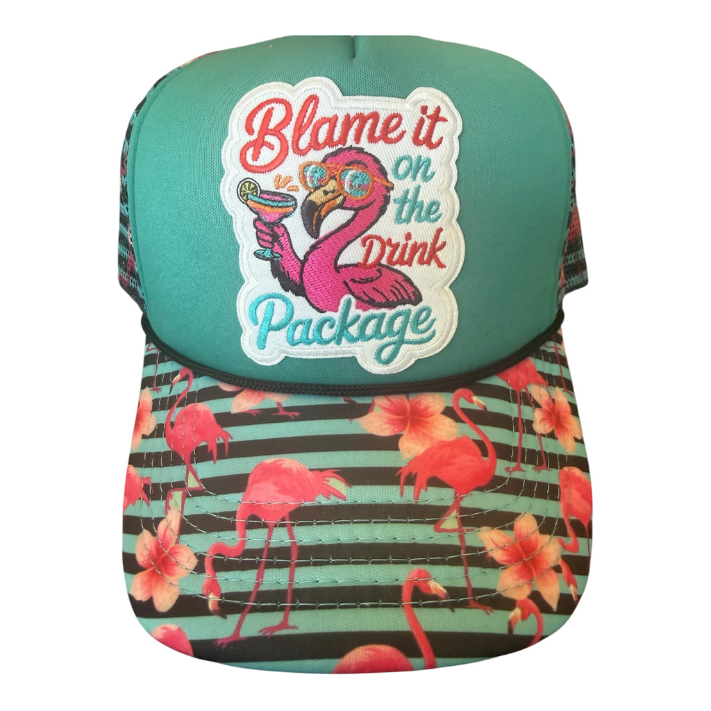 Flamingo- blame it on the drink package printed trucker hat