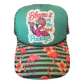Flamingo- blame it on the drink package printed trucker hat