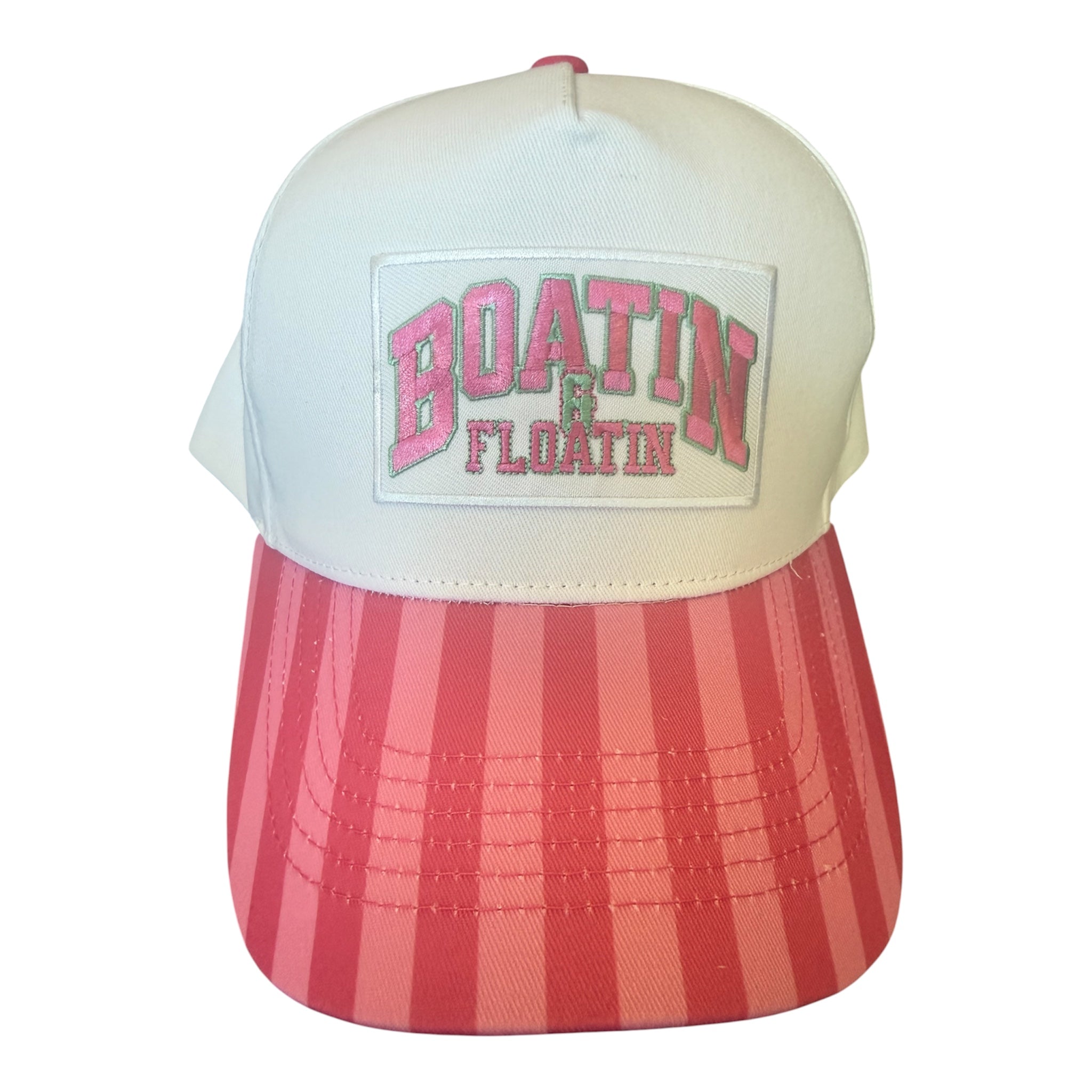 Boatin’ & Floatin’, canvas trucker hat with striped bill