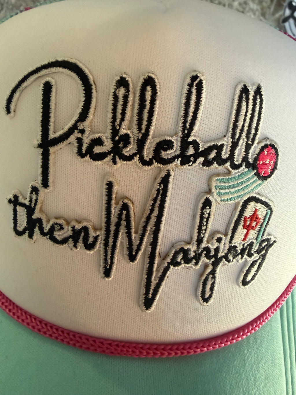 Pickleball then Mahjong checkered trucker hat