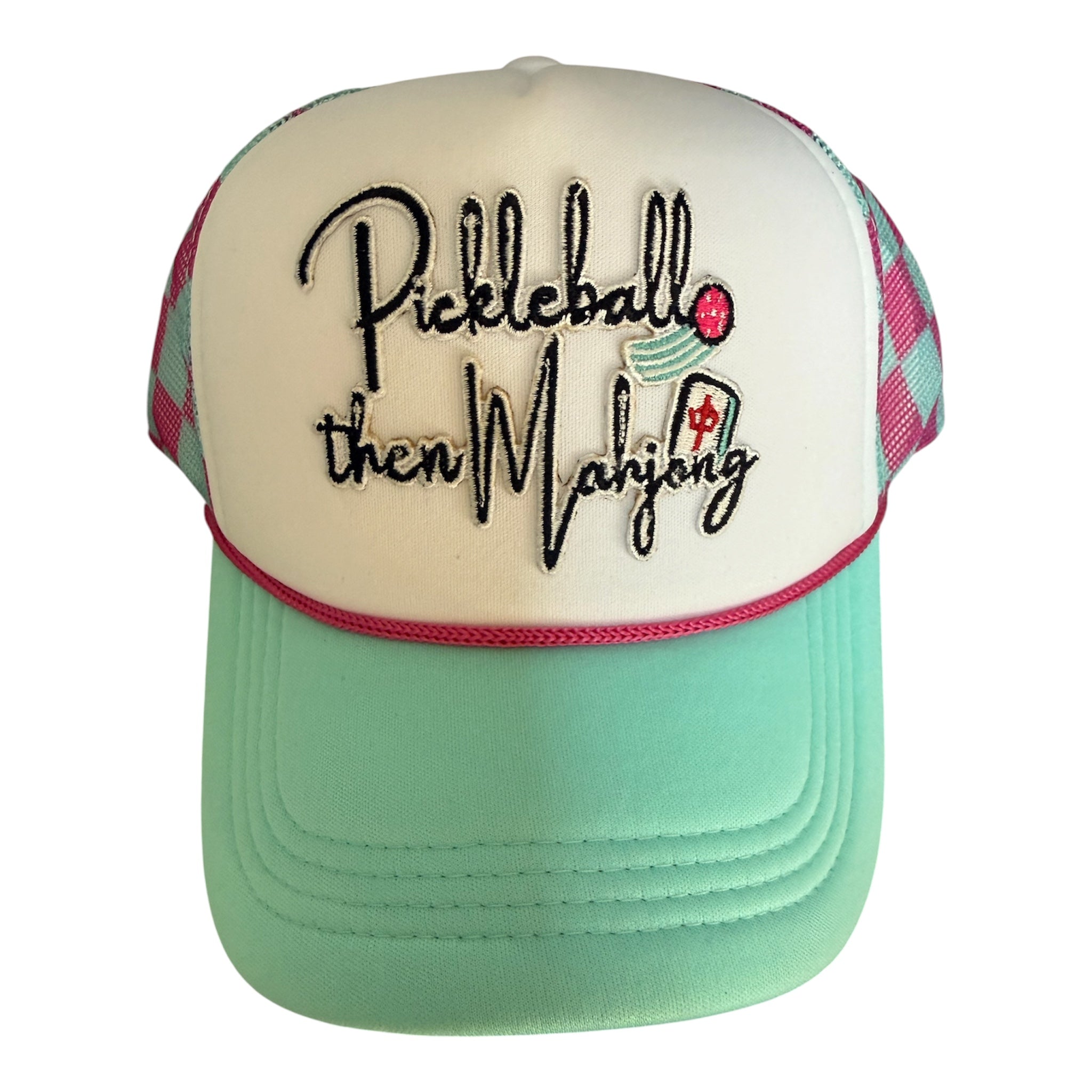 Pickleball then Mahjong checkered trucker hat