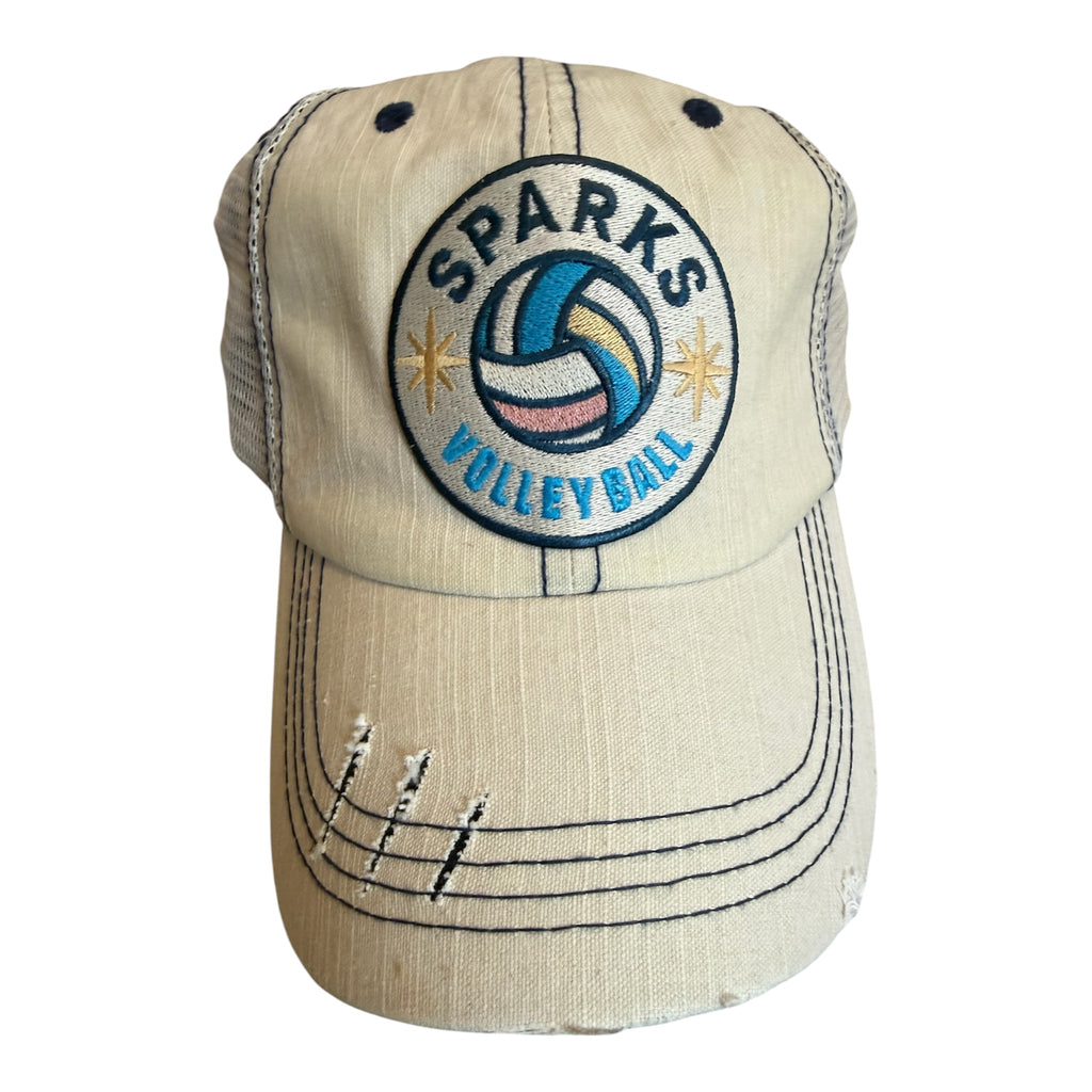 Sparks Vb cream trucker hat with blue stitching and circle patch