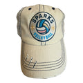 Sparks Vb cream trucker hat with blue stitching and circle patch