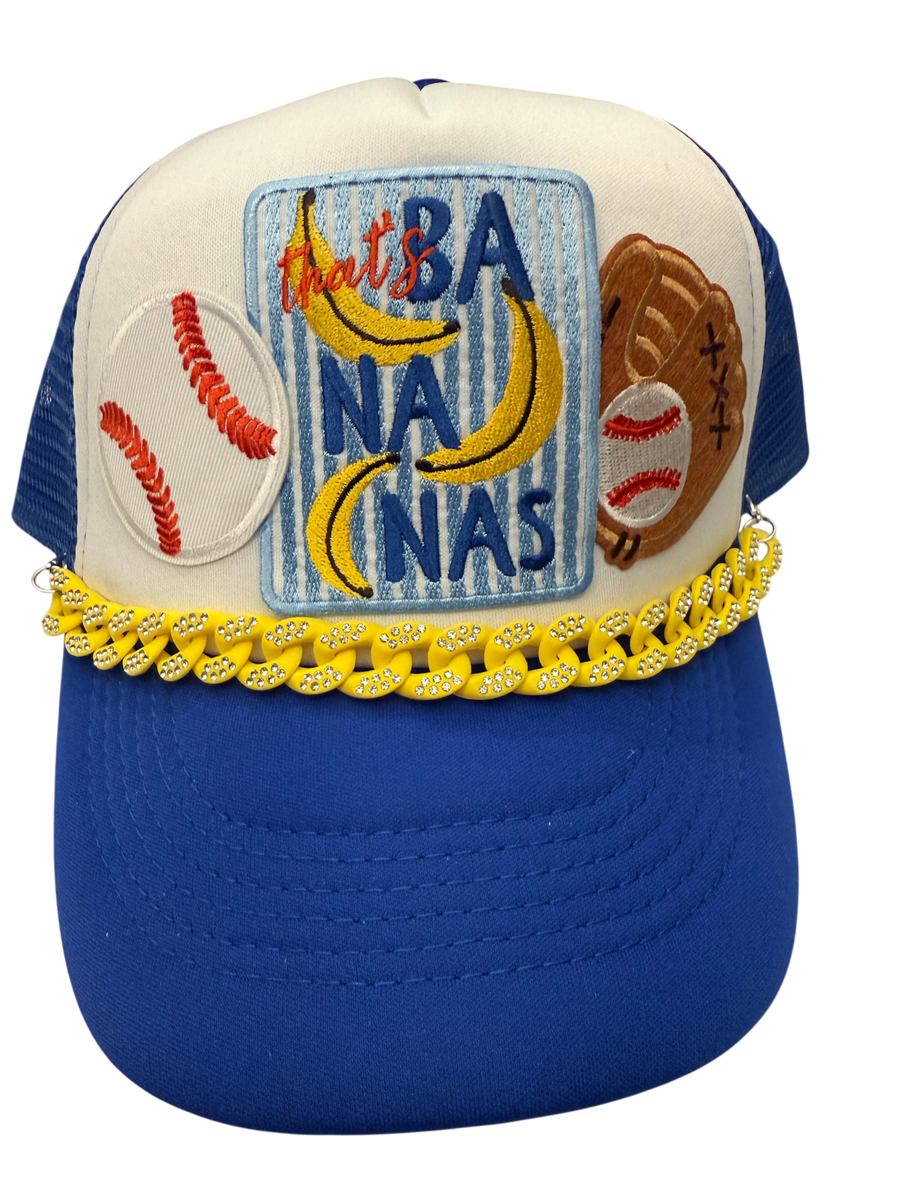 That’s bananas blue and white trucker with ball and glove and chain