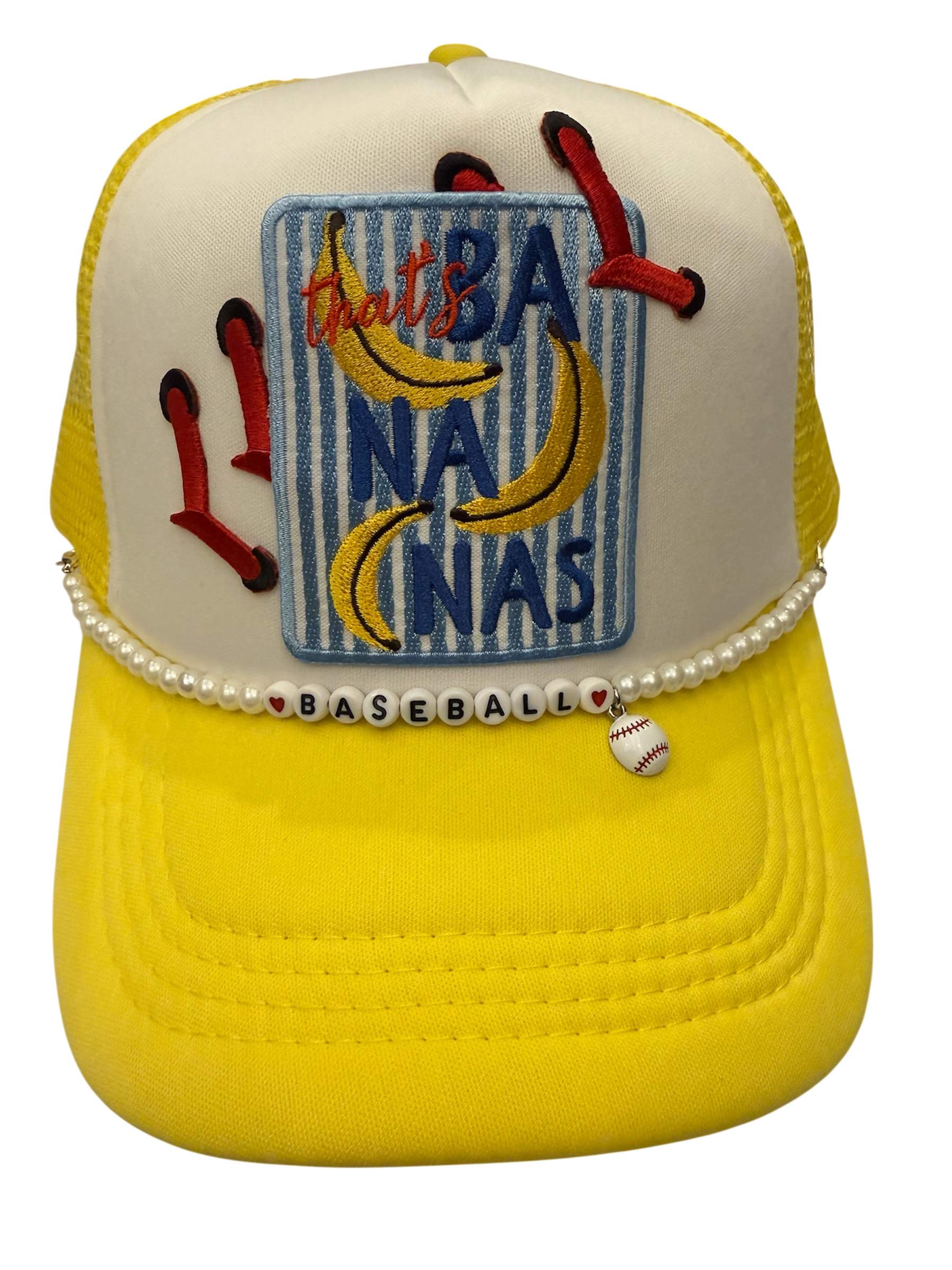 Baseball stitches bananas trucker hat and chain